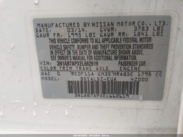 Продаж на аукціоні авто 2014 Nissan Sentra Sv, vin: 3N1AB7APXEL662619, номер лоту: 46106292