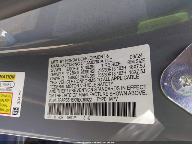 46106294 :رقم المزاد ، 7FARS5H8XRE030022 vin ، 2024 Honda Cr-v Hybrid Sport-l مزاد بيع