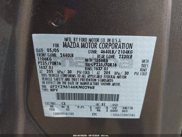 2006 Mazda Tribute S მანქანა იყიდება აუქციონზე, vin: 4F2YZ96146KM02968, აუქციონის ნომერი: 46106295
