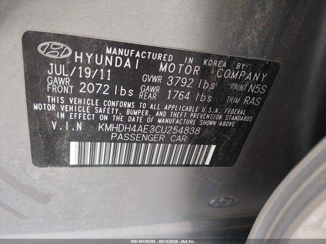 Продаж на аукціоні авто 2012 Hyundai Elantra Gls (ulsan Plant), vin: KMHDH4AE3CU254838, номер лоту: 46106298
