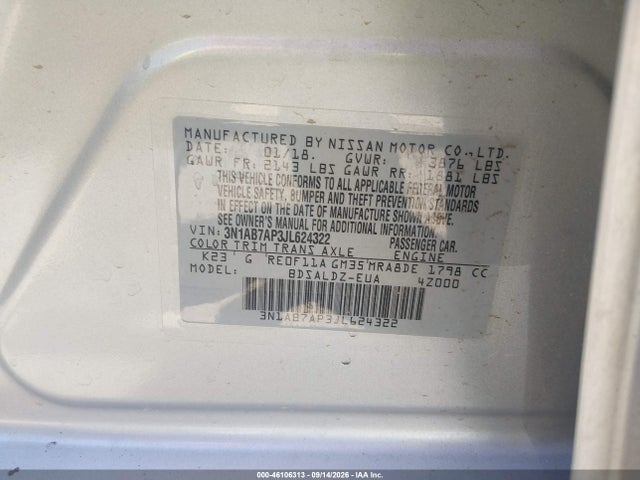 3N1AB7AP3JL624322 Nissan SENTRA SV