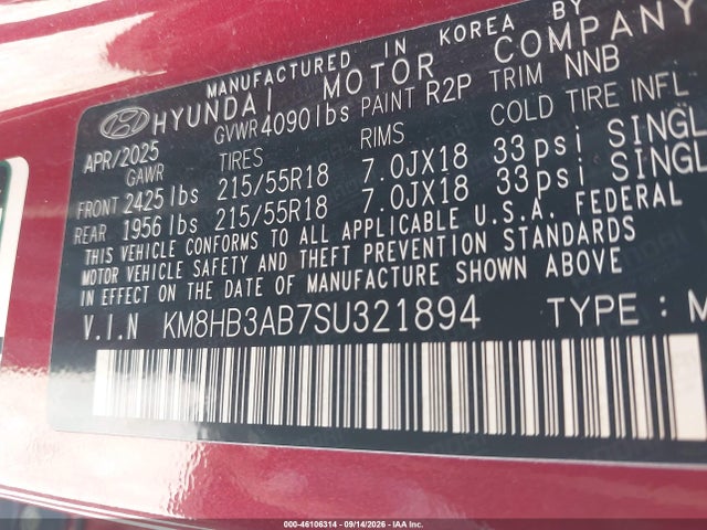46106314 :رقم المزاد ، KM8HB3AB7SU321894 vin ، 2025 Hyundai Kona Sel مزاد بيع