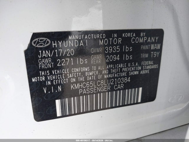 Aukcja sprzedaży 2020 Hyundai Ioniq Hybrid Blue, vin: KMHC65LC8LU210384, numer aukcji: 46106317