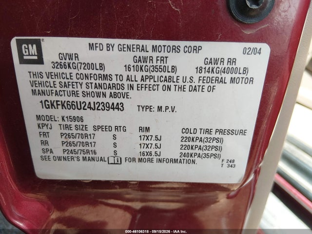 Aukcja sprzedaży 2004 Gmc Yukon Xl 1500 Denali, vin: 1GKFK66U24J239443, numer aukcji: 46106318