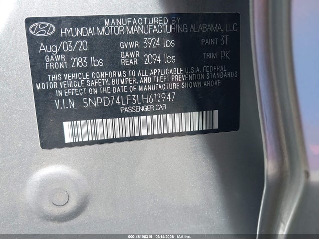 46106319 :رقم المزاد ، 5NPD74LF3LH612947 vin ، 2020 Hyundai Elantra Se مزاد بيع