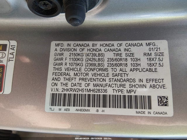 2021 Honda Cr-v Awd Ex მანქანა იყიდება აუქციონზე, vin: 2HKRW2H51MH628336, აუქციონის ნომერი: 46106328