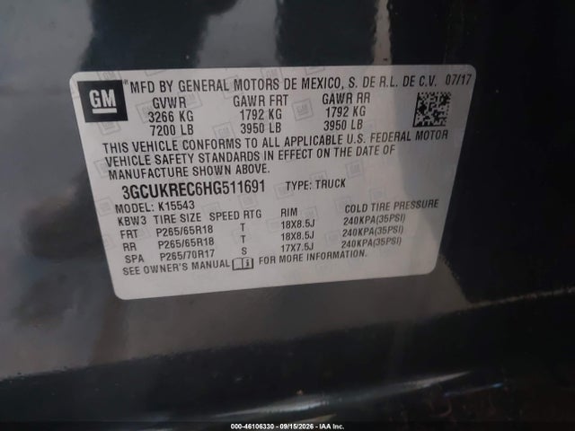 46106330 :رقم المزاد ، 3GCUKREC6HG511691 vin ، 2017 Chevrolet Silverado 1500 2lt مزاد بيع