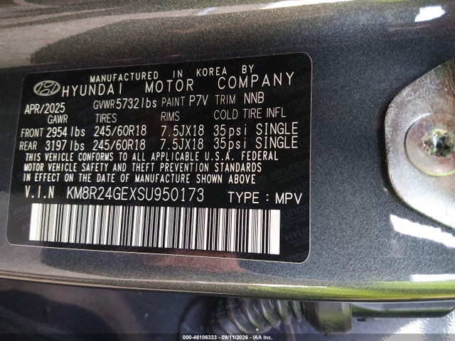 Продажа на аукционе авто 2025 Hyundai Palisade Sel, vin: KM8R24GEXSU950173, номер лота: 46106333