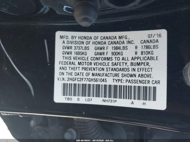 2016 Honda Civic Ex მანქანა იყიდება აუქციონზე, vin: 2HGFC2F77GH561045, აუქციონის ნომერი: 46106341