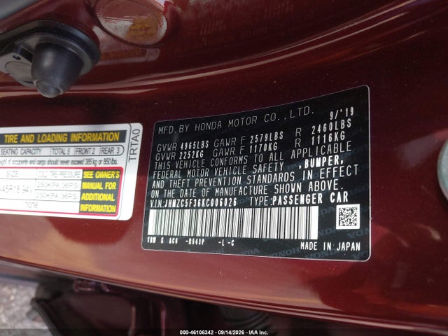 Aukcja sprzedaży 2019 Honda Clarity Plug-in Hybrid Touring, vin: JHMZC5F36KC006026, numer aukcji: 46106342