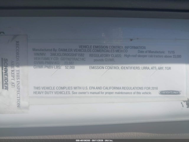 Продажа на аукционе авто 2016 Freightliner Cascadia 125, vin: 3AKJGLDR0GSHF1582, номер лота: 46106350