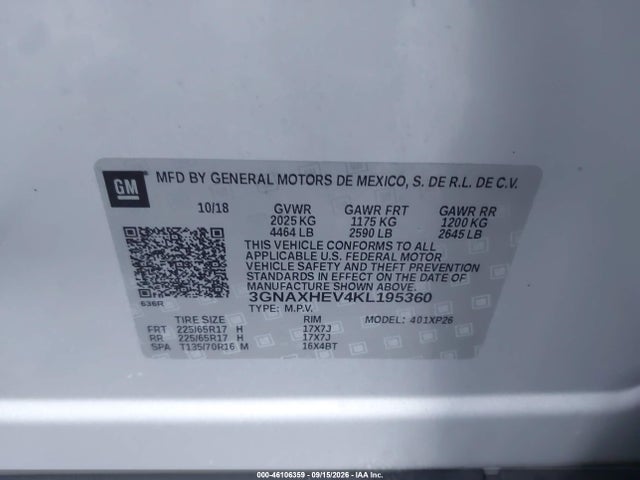 Aukcja sprzedaży 2019 Chevrolet Equinox Ls, vin: 3GNAXHEV4KL195360, numer aukcji: 46106359