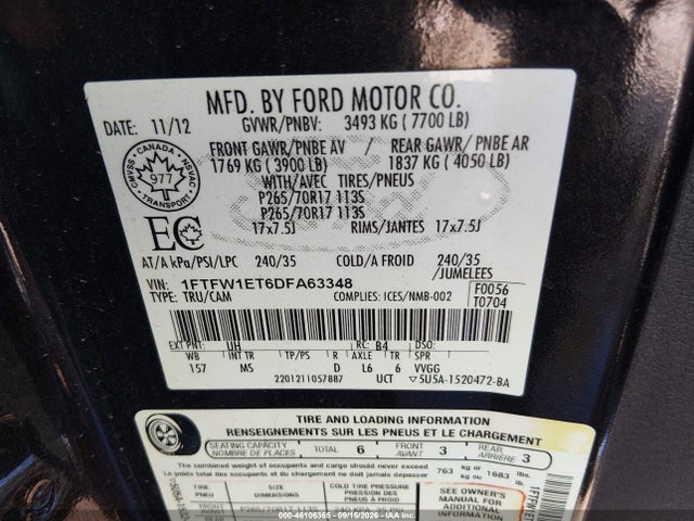 2013 Ford F-150 Xlt მანქანა იყიდება აუქციონზე, vin: 1FTFW1ET6DFA63348, აუქციონის ნომერი: 46106365