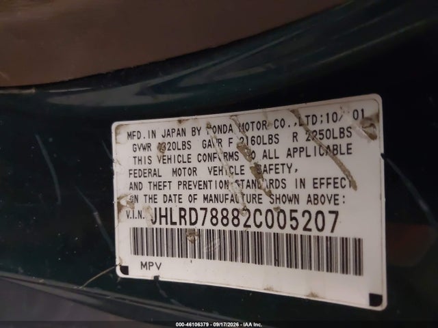 Продаж на аукціоні авто 2002 Honda Cr-v Ex, vin: JHLRD78882C005207, номер лоту: 46106379