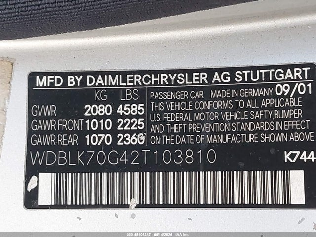 Aukcja sprzedaży 2002 Mercedes-benz Clk 430, vin: WDBLK70G42T103810, numer aukcji: 46106387