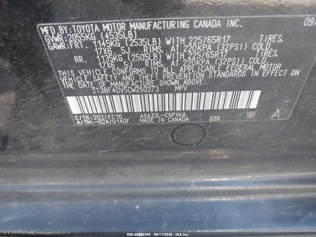 Aukcja sprzedaży 2012 Toyota Rav4, vin: 2T3BF4DV5CW250273, numer aukcji: 46106395