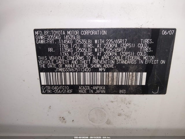 Aukcja sprzedaży 2007 Toyota Rav4, vin: JTMBD33V675112420, numer aukcji: 46106396