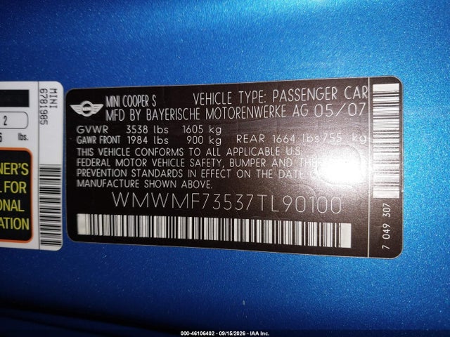 2007 Mini Cooper S მანქანა იყიდება აუქციონზე, vin: WMWMF73537TL90100, აუქციონის ნომერი: 46106402