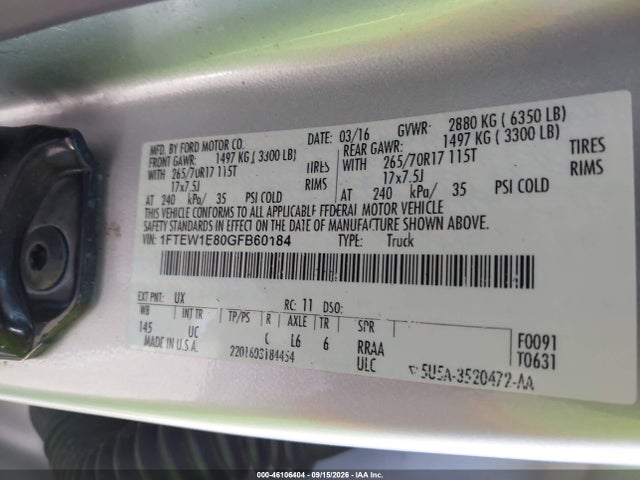 46106404 :رقم المزاد ، 1FTEW1E80GFB60184 vin ، 2016 Ford F-150 Xlt مزاد بيع