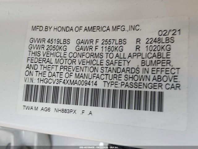 46106409 :رقم المزاد ، 1HGCV3F4XMA009414 vin ، 2021 Honda Accord Hybrid Ex مزاد بيع