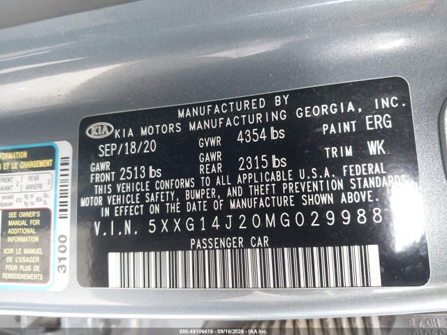 Auction sale of the 2021 Kia K5 Lxs, vin: 5XXG14J20MG029988, lot number: 46106416