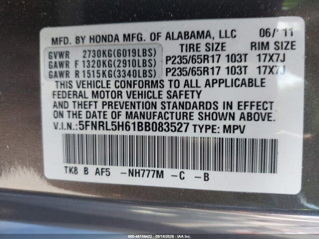Продаж на аукціоні авто 2011 Honda Odyssey Ex-l, vin: 5FNRL5H61BB083527, номер лоту: 46106422