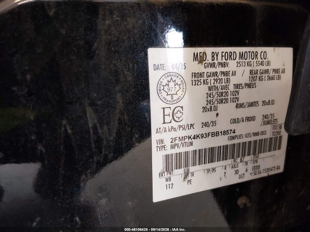 Продажа на аукционе авто 2015 Ford Edge Titanium, vin: 2FMPK4K93FBB18574, номер лота: 46106428