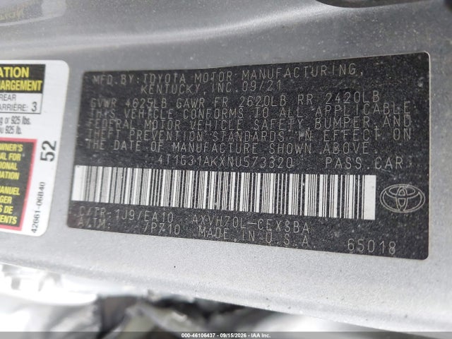 46106437 :رقم المزاد ، 4T1G31AKXNU573320 vin ، 2022 Toyota Camry Se Hybrid مزاد بيع