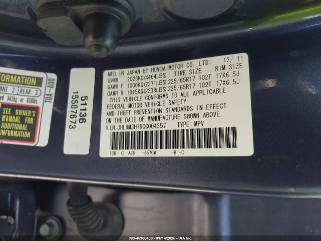 Aukcja sprzedaży 2012 Honda Cr-v Ex-l, vin: JHLRM3H79CC004357, numer aukcji: 46106439