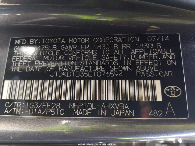 2014 Toyota Prius C One მანქანა იყიდება აუქციონზე, vin: JTDKDTB35E1076594, აუქციონის ნომერი: 46106440