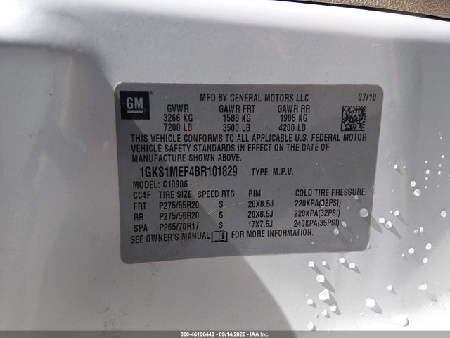 2011 Gmc Yukon Xl 1500 Denali მანქანა იყიდება აუქციონზე, vin: 1GKS1MEF4BR101829, აუქციონის ნომერი: 46106449