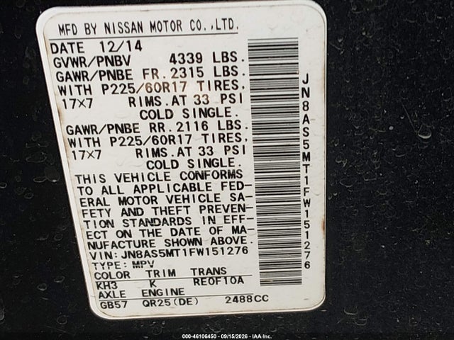 2015 Nissan Rogue Select S მანქანა იყიდება აუქციონზე, vin: JN8AS5MT1FW151276, აუქციონის ნომერი: 46106450