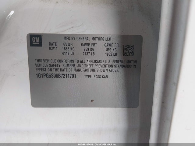 Продаж на аукціоні авто 2011 Chevrolet Cruze 2lt, vin: 1G1PG5S96B7211791, номер лоту: 46106459