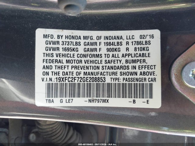 Aukcja sprzedaży 2016 Honda Civic Ex, vin: 19XFC2F72GE208853, numer aukcji: 46106463