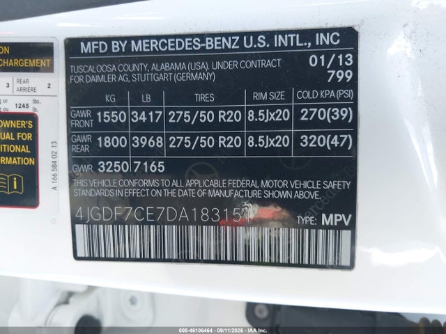 46106464 :رقم المزاد ، 4JGDF7CE7DA183151 vin ، 2013 Mercedes-benz Gl 450 4matic مزاد بيع
