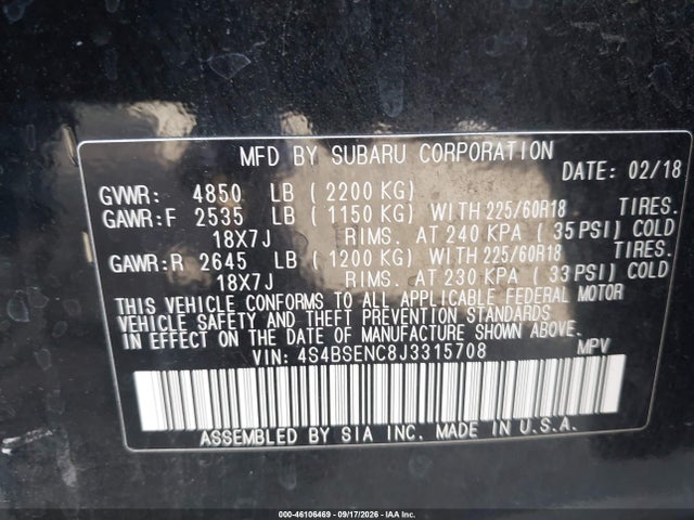 Subaru Outback 3.6r Limited 2018 4S4BSENC8J3315708 Image 9