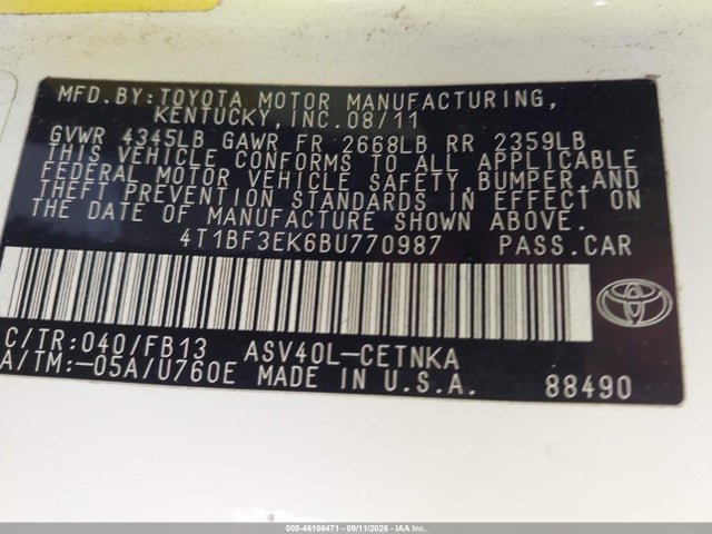 46106471 :رقم المزاد ، 4T1BF3EK6BU770987 vin ، 2011 Toyota Camry Le مزاد بيع