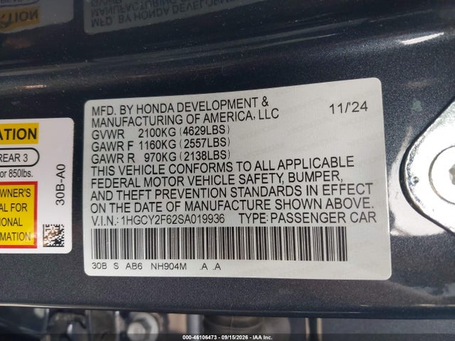 Продаж на аукціоні авто 2025 Honda Accord Hybrid Ex-l, vin: 1HGCY2F62SA019936, номер лоту: 46106473