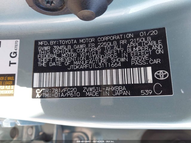 JTDKARFU1L3111664 Toyota Prius L Eco