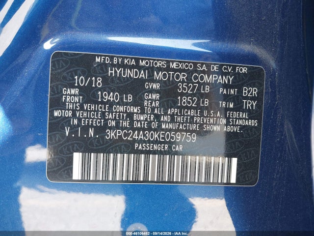 Aukcja sprzedaży 2019 Hyundai Accent Se, vin: 3KPC24A30KE059759, numer aukcji: 46106482