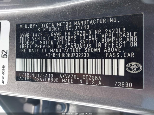 46106484 :رقم المزاد ، 4T1B11HK3KU732230 vin ، 2019 Toyota Camry Se مزاد بيع