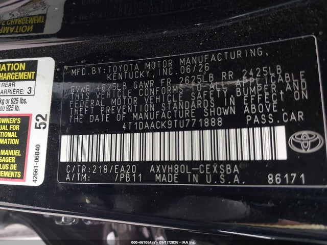 Auction sale of the 2026 Toyota Camry Se, vin: 4T1DAACK9TU771888, lot number: 46106487