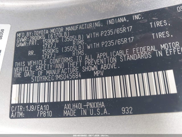Toyota SIENNA XLE 2021 5TDYRKEC1MS045684 Image 9