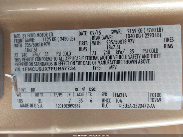 2015 Ford Escape Titanium მანქანა იყიდება აუქციონზე, vin: 1FMCU9JX7FUB57734, აუქციონის ნომერი: 46106494