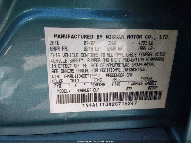 2002 Nissan Altima 2.5 S მანქანა იყიდება აუქციონზე, vin: 1N4AL11DX2C715247, აუქციონის ნომერი: 46106498