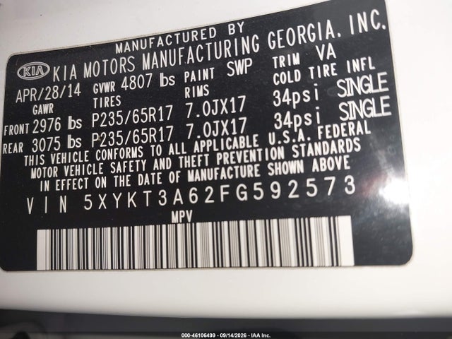 Продаж на аукціоні авто 2015 Kia Sorento Lx, vin: 5XYKT3A62FG592573, номер лоту: 46106499