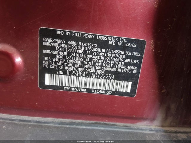 2010 Subaru Forester 2.5x მანქანა იყიდება აუქციონზე, vin: JF2SH6AC1AG722259, აუქციონის ნომერი: 46106501