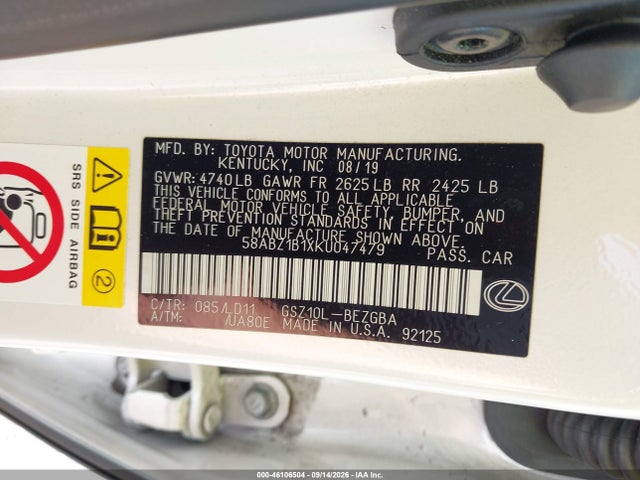 Aukcja sprzedaży 2019 Lexus Es 350, vin: 58ABZ1B1XKU047479, numer aukcji: 46106504