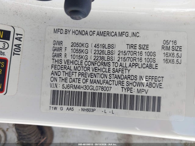Honda CR-V LX 2016 5J6RM4H30GL078007 Image 9