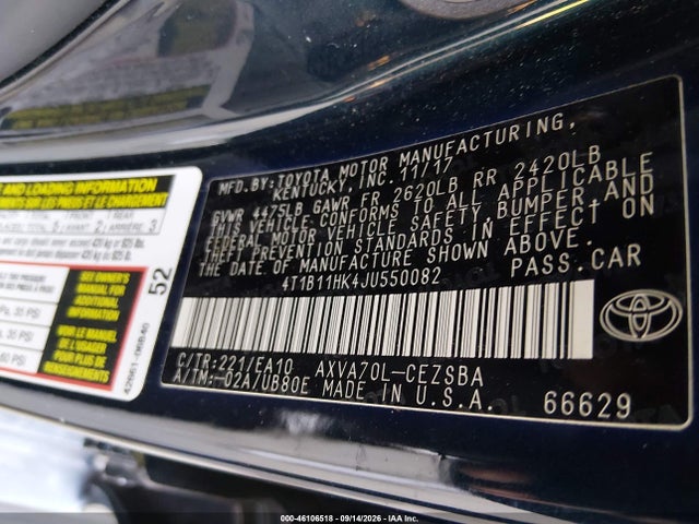 Продажа на аукционе авто 2018 Toyota Camry Se, vin: 4T1B11HK4JU550082, номер лота: 46106518